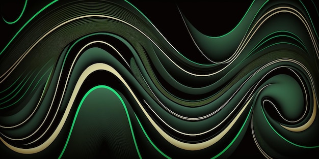 Feche o fundo abstrato verde e preto com linhas onduladas generativas ai