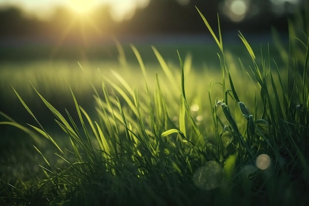 Feche o fundo de grama fresca com luz solar Generative AI