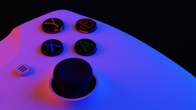 feche o gamepad sem fio branco para jogos, console de jogos analógicos iluminado em vermelho e azul. 3d