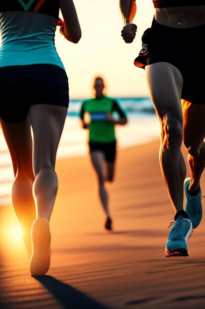 Foto feche o grupo de corredores de pernas correndo no nascer do sol à beira-mar