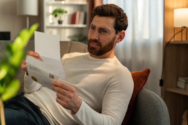 Feche o homem alegre usando óculos lendo carta, notificação, segurando papel, verificando documentos. Empresário focado trabalhando com correspondência enquanto estava deitado no sofá em casa