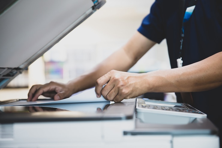 Foto feche o homem de escritório de mão digitalizando papéis na copiadora.