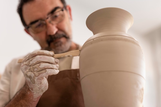 Foto feche o homem modelando o vaso com a ferramenta