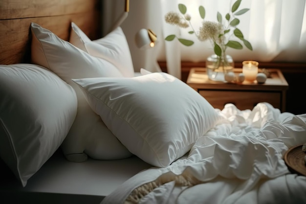 Feche o lençol branco bagunçado e travesseiros na cama de madeira no interior do quarto
