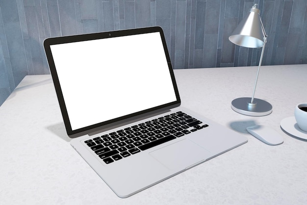 Feche o local de trabalho moderno estilo grunge com tela de laptop branca vazia na mesa Renderização 3D
