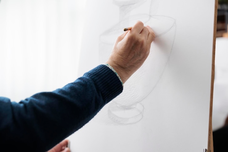 Foto feche o modelo de vaso de desenho de professor sênior em tela branca usando lápis de desenho de ilustração durante a aula de arte na oficina criativa. artista desenhando arte desenvolvendo técnica gráfica