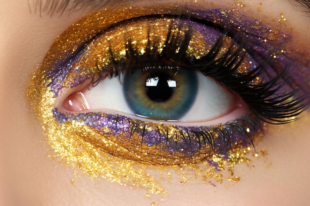 Feche o olho de uma mulher bonita com maquiagem de glitter Foto de moda
