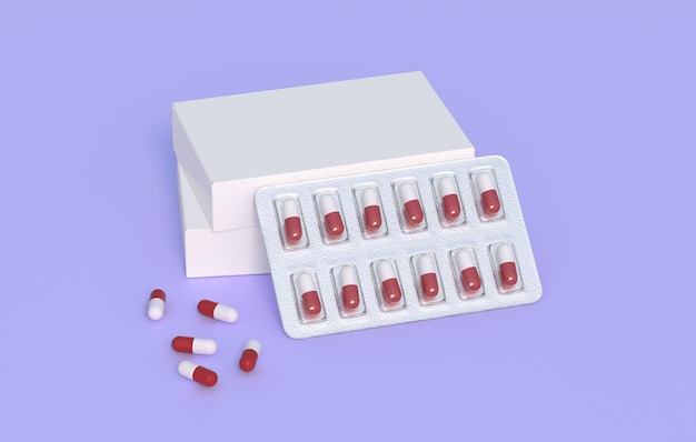Feche o pacote com duas bolhas com comprimidos de medicamentos Renderização em 3d modelo de maquete