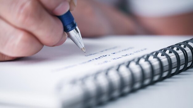 Feche o papel de escrita manual no notebook com caneta azul para anotar, memorando, listar o plano de ação na mesa de escritório