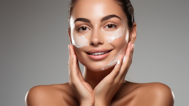 Feche o retrato de beleza de uma linda mulher aplicando creme facial isolado sobre fundo cinza Criado com tecnologia Generative AI