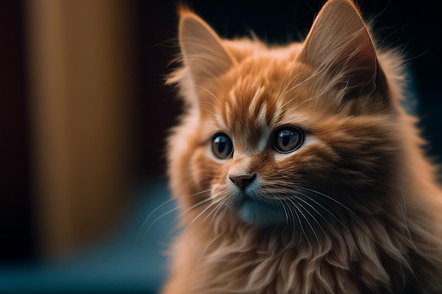 Feche o retrato de cabelo comprido muito gato de beleza em iluminação cinematográfica.