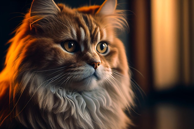 Feche o retrato de cabelo comprido muito gato de beleza em iluminação cinematográfica.