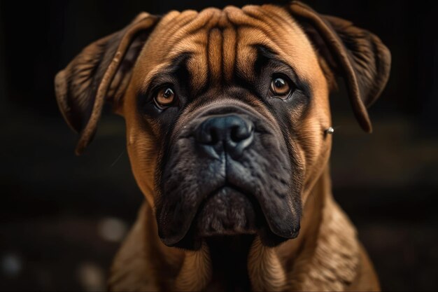 Feche o retrato de um cachorro bullmastiff evitando o olhar de alguém