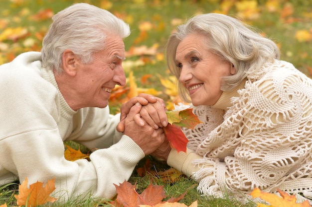 Feche o retrato de um feliz casal sênior deitado no parque