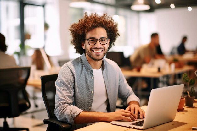 Foto feche o retrato de um feliz gerente do oriente médio sentado em uma mesa