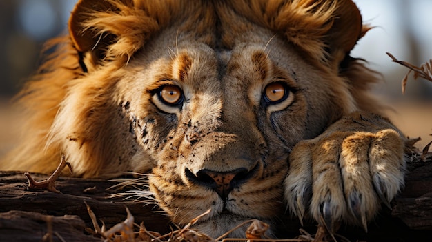 Feche o retrato de um leão macho no Parque Nacional Kruger, África do Sul