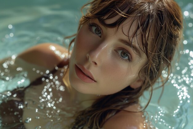 Feche o retrato de uma bela jovem posando em uma piscina