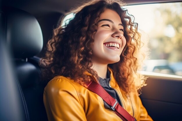 Foto feche o retrato de uma bela jovem sorrindo enquanto dirigia um carro
