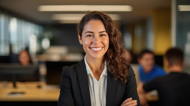 Feche o retrato de uma jovem empresária sorridente de terno contra o fundo do escritório