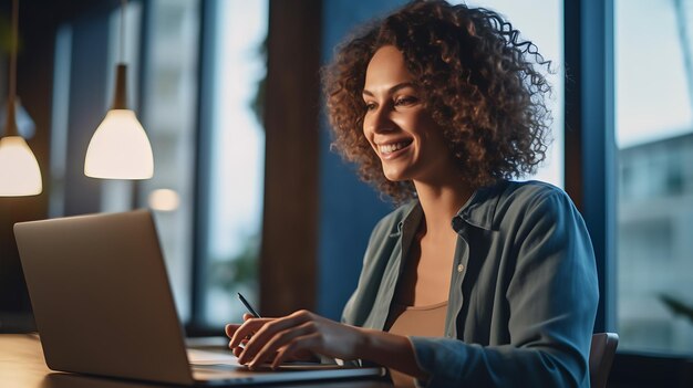 Feche o retrato de uma jovem mulher bonita sorrindo enquanto trabalhava com o laptop no escritórioCriado com a tecnologia Generative AI