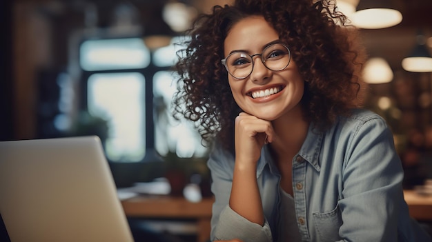 Foto feche o retrato de uma jovem mulher bonita sorrindo enquanto trabalhava com o laptop no escritóriocriado com a tecnologia generative ai