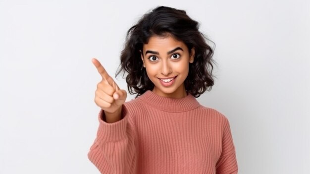 Feche o retrato de uma linda e adorável sorridente e encantadora garota indiana alegre apontando com sua inde