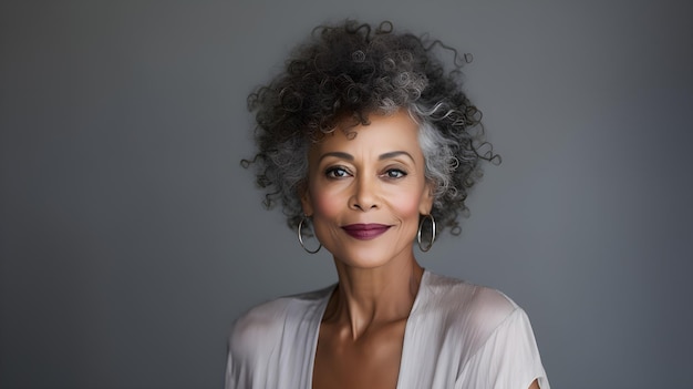 Feche o retrato de uma linda mulher negra afro-americana sorridente, de 50 anos de idade, em fundo neutro, rosto saudável, cuidados com a pele, beleza, cosméticos dentários