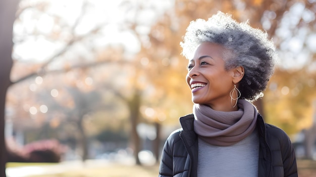 Feche o retrato de uma linda mulher negra afro-americana sorridente, de 50 anos de idade, em fundo neutro, rosto saudável, cuidados com a pele, beleza, cosméticos dentários