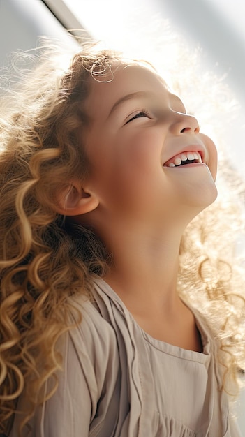 Feche o retrato de uma menina loira sorridente com cabelo encaracolado olhando para o céu feliz