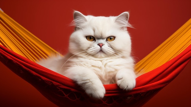 Feche o retrato do gato peludo branco em óculos de sol da moda Gatinho doméstico luxuoso em poses de óculos no fundo da parede amarela Generative AI