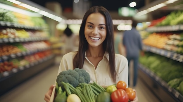 feche o retrato do rosto de uma mulher sorridente com frutas e vegetais