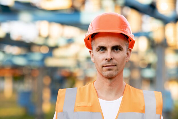 Feche o retrato do trabalhador engenheiro de uniforme e capacete perto da subestação de alta tensão