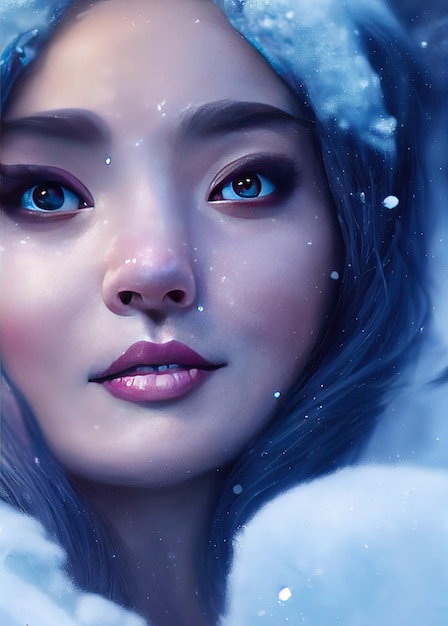 Feche o retrato Linda garota no estilo de Natal de inverno Feliz e sorridente deusa do inverno da inspiração aparecendo de um respingo congelado ilustração de arte digital de iluminação cinematográfica gelada em estilo 3d