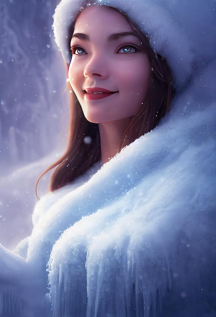 Feche o retrato Linda garota no estilo de Natal de inverno Feliz e sorridente deusa do inverno da inspiração aparecendo de um respingo congelado ilustração de arte digital de iluminação cinematográfica gelada em estilo 3d