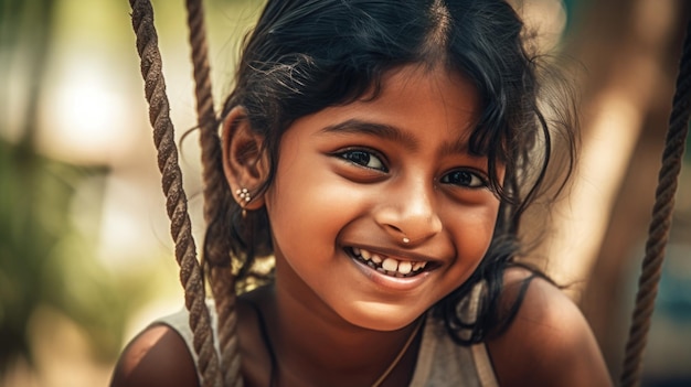Feche o rosto sorridente jovem indiana brincando em um balanço felicidade infância liberdade vitalidade diversão ao ar livre despreocupada luz solar Generative AI AIG20