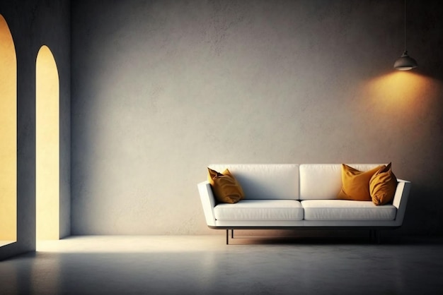 Feche o sofá na sala com a lâmpada na parede generativa ai