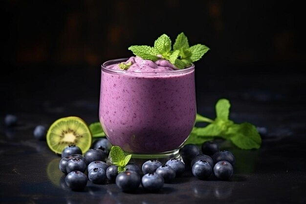 Foto feche o suco de mirtilo com folha de hortelã verde e frutas de mirtilo