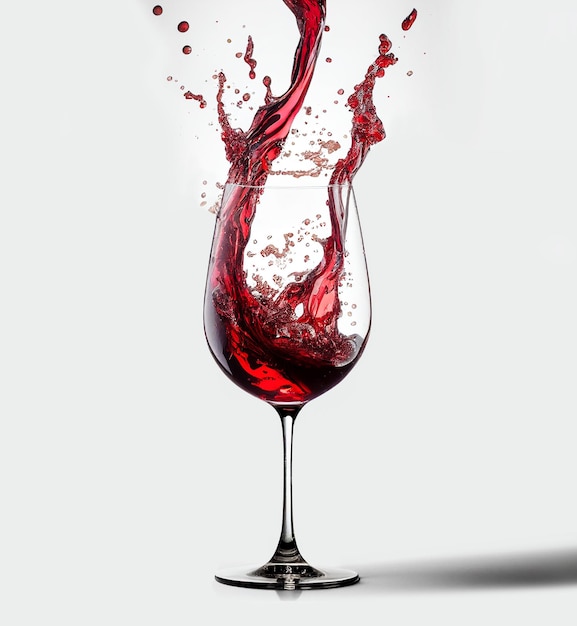 Feche o vinho tinto derramando salpicos de um copo no fundo branco isolado.