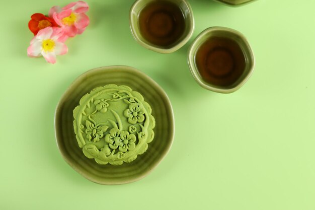 Feche os bolos de lua matcha verde mooncake é uma padaria tradicional chinesa