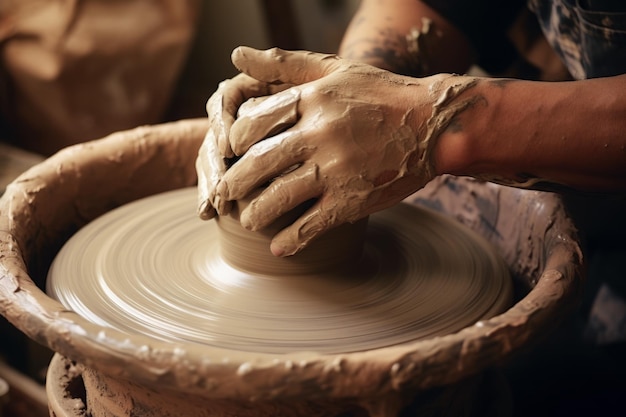 Feche os braços humanos, palmas, irreconhecíveis, masculino, feminino, mestre de cerâmica, mãos, esculpa, vaso, jarro