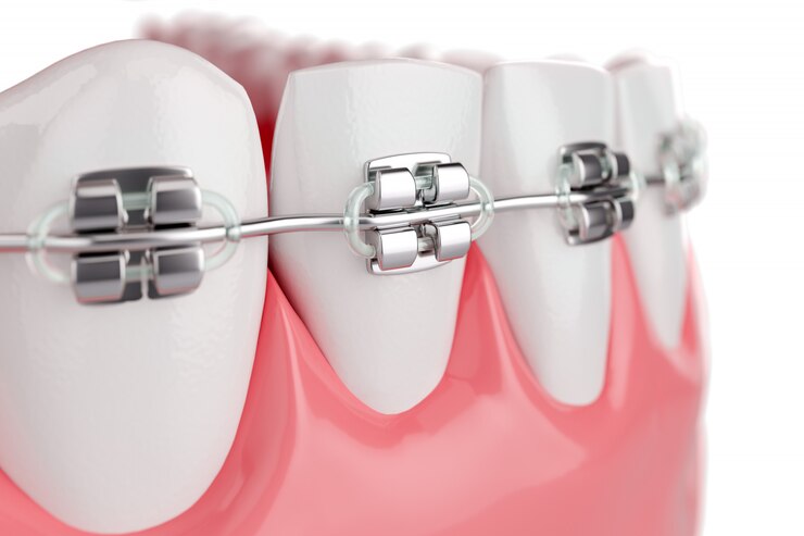 Feche os dentes de saúde de beleza com cinta. Foco seletivo. 3D rendem.