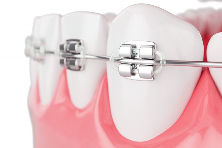 Feche os dentes de saúde de beleza com cinta. Foco seletivo. 3D rendem.