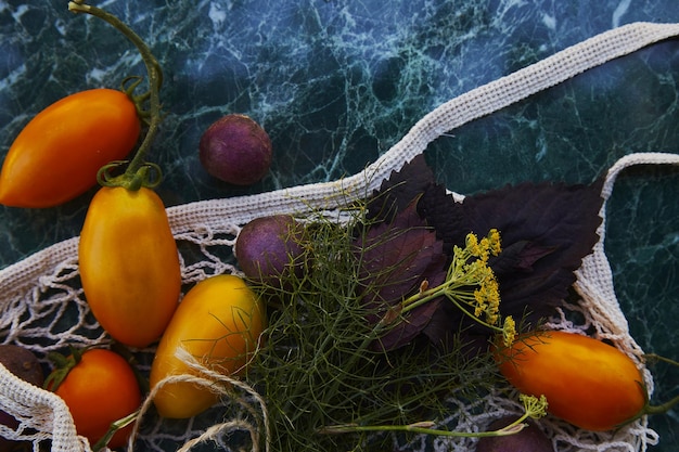 Feche os legumes no saco de cordas de compras ecológicas com tomates coloridos berinjelas batatas roxas sob sombras duras na moda com fundo de reflexão Preocupação ecológica Copiar espaço