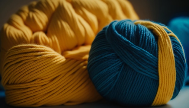 Feche um vibrante fio de malha amarelo e azul símbolo ucraniano de lã gerada AI