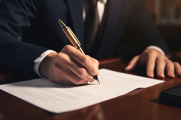 feche uma mão assinando o documento na mesa na sala do escritório