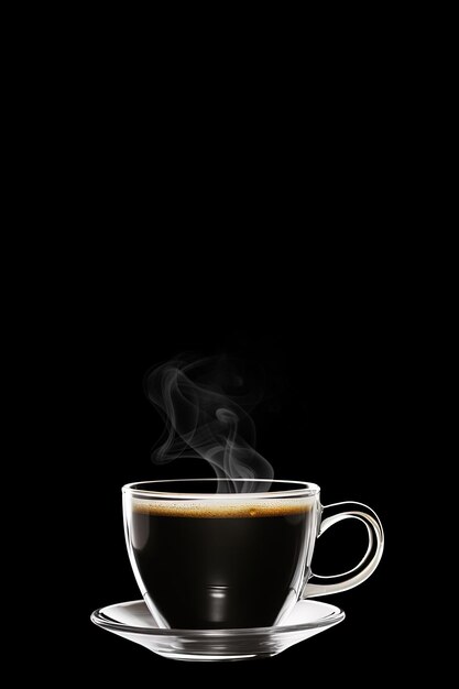 Feche uma xícara de café quente preto com fumaça em fundo preto com espaço de cópia