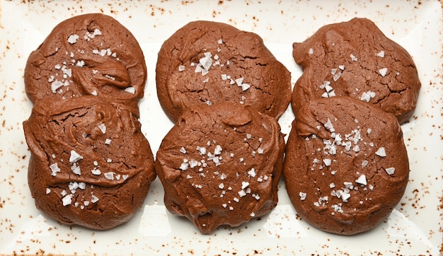 Feche vários biscoitos redondos de brownie de chocolate recém-assados com sal em flocos em um prato de porcelana branca, vista superior elevada, diretamente acima