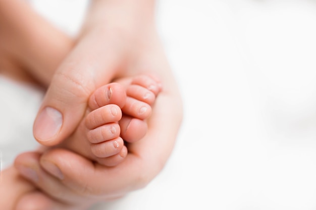 Fechem os pés do recém-nascido nas mãos da mãe. Mamãe e seu filho. Uma bela imagem conceitual da maternidade.