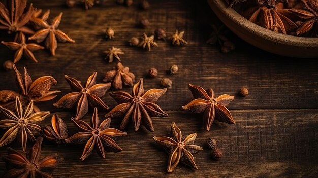 Fecho das estrelas de anis aromático na mesa de madeira com ai generativo