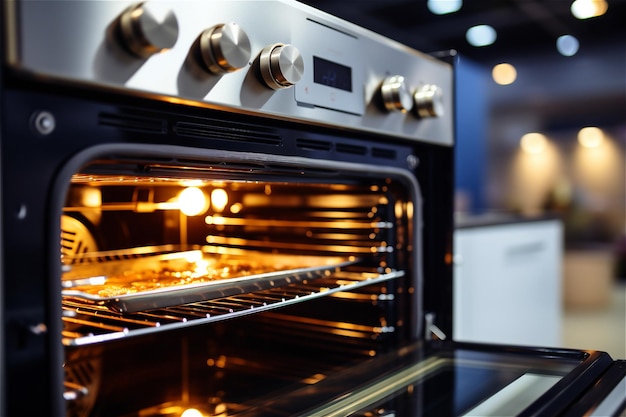 Fecho do forno elétrico aberto com ventilação de ar quente A porta está aberta e a luz está acesa